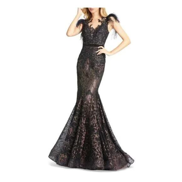 Mac Duggal 79230 Trumpet Gown Embellished Feather Sleeve Illusion Neck Sz 12 - Picture 1 of 7